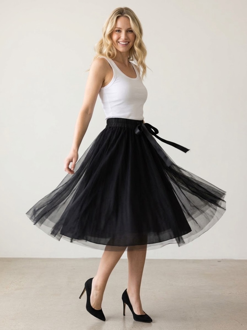 Elegant Black Tulle Mesh Midi Circle Skirt with Ribbon Waist One Size